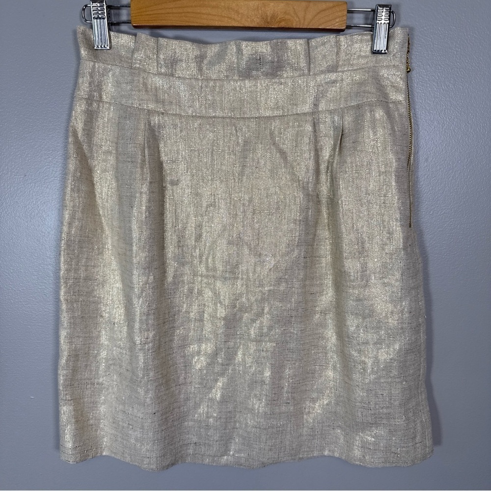 The Kate Spade Piper Skirt in Starlight Gold 100% linen size 4 side zip festive